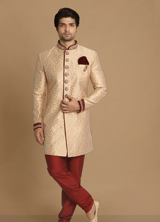 alt message - Manyavar Men Fashionable Fawn Indo Western Set image number 1